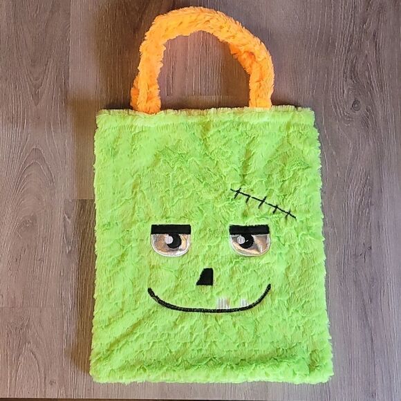 Green Fuzzy Embroidered Frankenstein Trick or Treat Bag - Picture 1 of 10